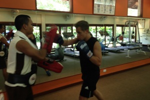 Paul having a Thai boxing lesson at Kamalaya, Thailand