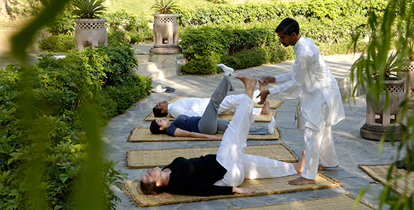Improving circulation with yoga at Ananda's gorgeous amphitheatre